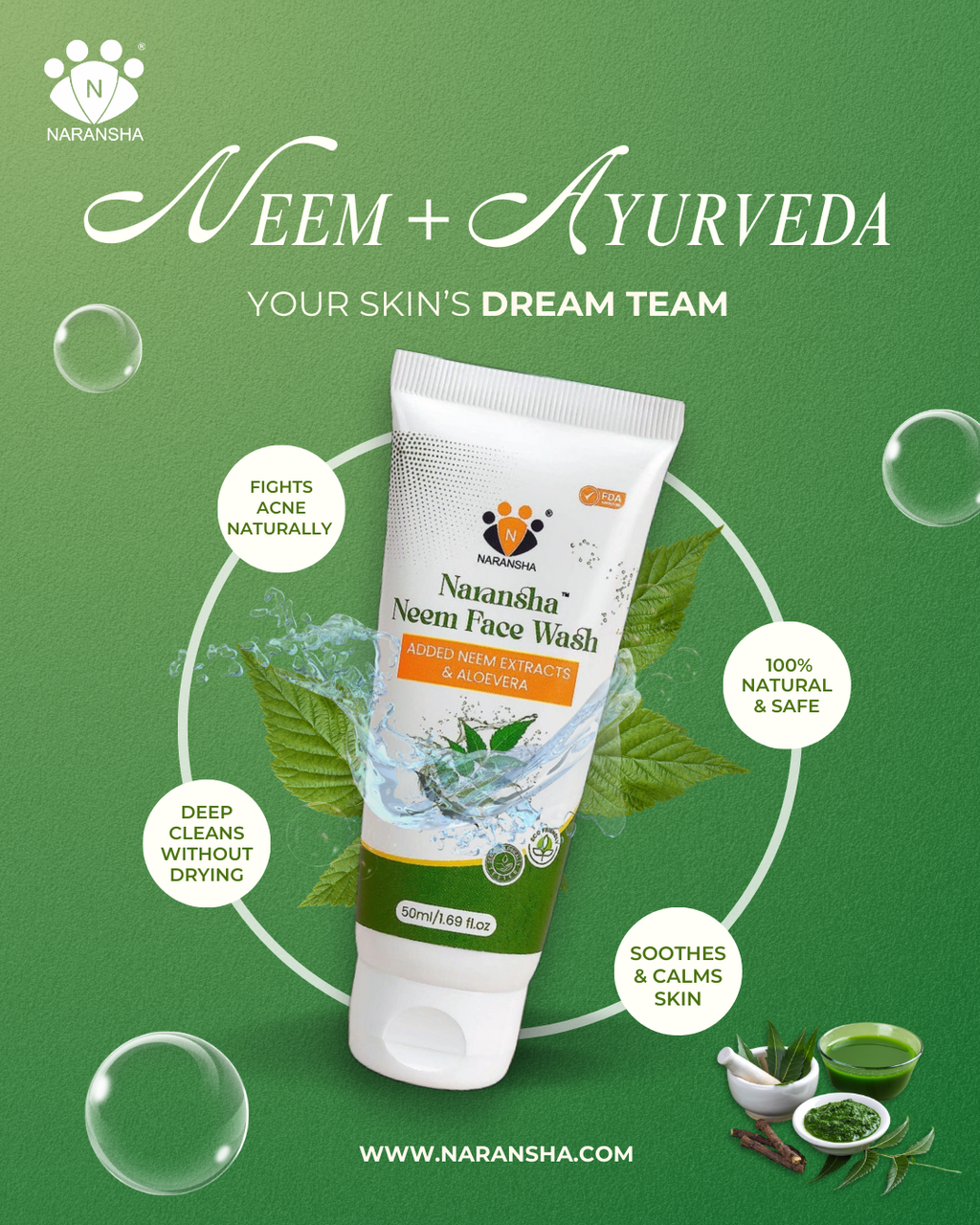 Neem Face Wash with Vitamin E & Hyaluronic Acid for Acne Control (50 ml)