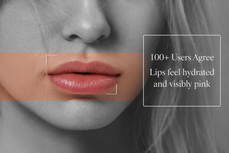 Close-up of lips with text indicating user feedback on lip product hydration and color.